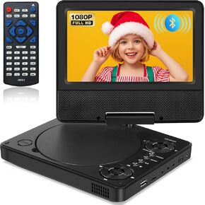 HotHat 9.5" Portable DVD Player for Kids & Car - 7.5" HD Swivel Screen, Bluetooth 5.3, 1080P Video Support, 5H Battery, Wireless Headphone Sync, Region-Free, 256GB USB/TF, Lightweight Travel Companion