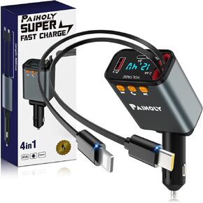 Paiholy Bluetooth 5.3 FM Transmitter Car Adapter【2025 Compact】 4 in 1 Retractable Car Fast Charger for Phone USB C Handsfree Call Charger Accessories for iPhone 16/15/14