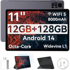 HUIHUANG Tablets 11 inch Android 14 Tablet with Case, Octa-core 12GB RAM+128GB ROM,8000mAh Tablet with Dual Band WiFi/BT 5.0/GPS/PD Fast Charge/FM Radio - Black