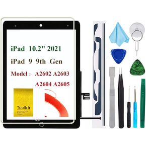 بالنسبة إلى iPad 9 9th Gen Screen Resultizer 2021 10.2 "، T Phael للجيل التاسع A2602 A2603 A2604 A2605 مع زر المنزل ، ونصائح الفيديو ، ومجموعة الإصلاح الكاملة (أسود)