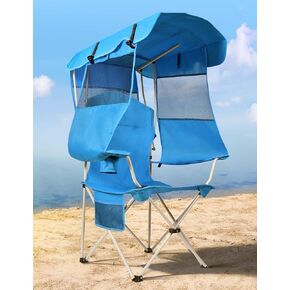 Beach Chair with Canopy Shade, Folding Camping Chair with Canopy with Cup Holder, Side Pocket for Camp, Beach, Tailgates, Fishing - Support 330 LBS