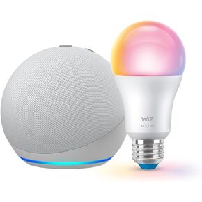 Echo Dot (newest model) with WiZ 60W A19 LED Smart Color Bulb - Connects to Your Wi-Fi - E26 Base - Control with Voice or App - Matter Compatible