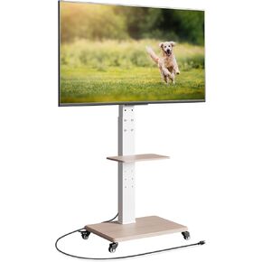 Rolling TV Stand with Power Outlet for 32-75 Inch TVs, Swivel Portable TV Cart on Wheels with Height Adjustment, Tilting Mobile TV Stand with Shelf Holds up to 110lbs, MAX VESA 600x400mm