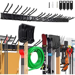 Wall Mount Garden Tool Organizer 96 Inches Max Load 960lbs ，Garage Storage, Garage Organization, Adjustable with 12 Heavy Duty Hooks and 4 Cable Ties, Yard Shed and Power Tool Organizer Rack