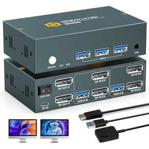 8K Displayport KVM Switch 2 Monitors 2 Computers,4K@144Hz USB3.0 Dual Monitor Switch for 2 Computers Share Keyboard&Mouse with USB3.0 Port,8K@60HZ, DP1.4, EDID Adaptive