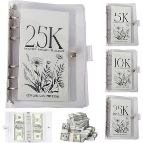 12-Month Envelopes Money Saving Challenge Binder, Loose Leaf Savings Book, Reusable Money Organizer Budget Binder, 2.5K/5K/10K Savings Challenges Book and Cash Stash Binder (10K)