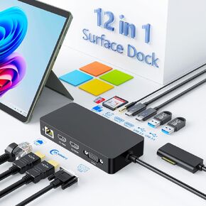 Microsoft Surface Dock, Triple Displays (2 HDMI 4K + VGA), 12-in-1 Docking Station for Surface Pro 10/9/8/X/7/6/5/4/3, Surface Laptop Go/5/4/3/2/1, Surface Book 3/2/1 - Black
