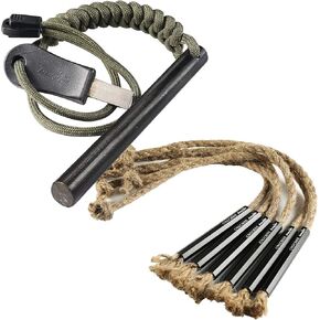 bayite 4 Inch Survival Flint Fire Starter Ferro Rod Kit with Striker, CrocSee Pack of (6) Survival Wick Hemp Cords Tinder