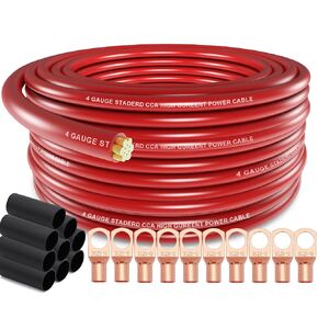 4 Gauge Wire (50ft Each - Red/Black) Copper Clad Aluminum CCA with Cable Cutter,Lugs Terminal Connectors and Heat Shrink Tube - Battery Power/Ground Cable,Car Audio Speaker,RV Trailer Amp Wiring kit