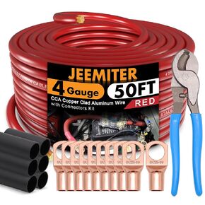 Jeemiter 4 Gauge Wire(50ft) Copper Clad Aluminum - Primary Automotive Wire, Car Amplifier Power & Ground Cable, Battery Cable with Lugs Terminal Connectors and Heat Shrink Tube