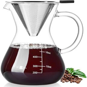 Unbreakable - Pour Over Coffee Maker with Double Stainless Filter 17oz, Thickened Heat-Resistant Borosilicate Glass Dripper Coffee Pour Over, Stovetop Safe