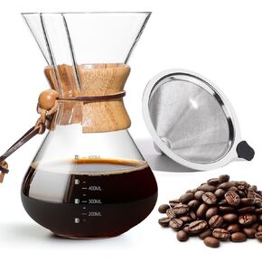 Pour Over Coffee Maker 27 OZ, 8 Cup Borosilicate Glass Drip Coffee Maker with Reusable Stainless Steel Filter and Cork Grip for Home Café 800 ML
