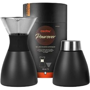 asobu Insulated Pour Over Coffee Maker (32 oz.) Double-Wall Vacuum, Stainless-Steel Filter and Take on the Go Carafe (Smoke)