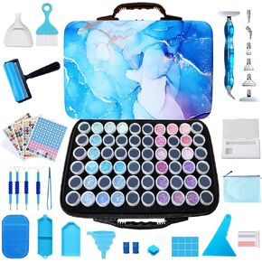 Muzagroo Art Diamond Painting Storage Case, 60 Slots Bead Portable Shockproof Organizer and Accessory Box with 5D Diamond Art Accessories and Tools Kits