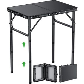 2ft Folding Camping Table, 3 Adjustable Height Lightweight Picnic Table, Portable Aluminum Grill Table (22.8" L x 15.7" W) for Outdoor, Camping, BBQ, Black