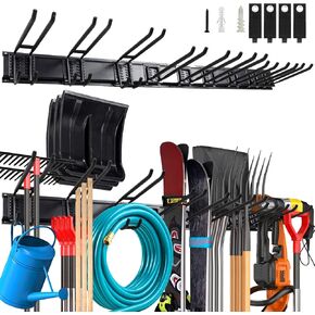 Wall Mount Garden Tool Organizer 68 Inches Max Load 730lbs ，Garage Storage, Garage Organization, Adjustable with 9 Heavy Duty Hooks and 4 Cable Ties, Yard Shed and Power Tool Organizer Rack