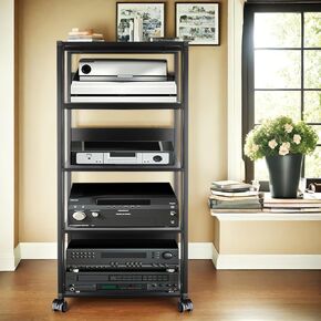 5-Tier AV Media Stand with Wheels, Media Cabinet with Adjustable Shelves, Stereo Cabinet Audio Rack Game Console Shelf Stereo Stand Audio Rack AV Stand