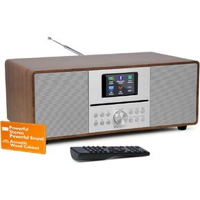 MS4 CD Player FM Radio HiFi System I Bluetooth I Powerful Stereo System I FM Digital Radio IAcoustic Wood Cabinet I CD Player with Speakers I 40 Presets,Headphone Jack I Walnut Finish