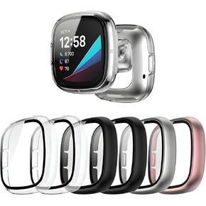 6 Pack for Fitbit Sense/Versa 3 Screen Protector Case [Full Coverage], Hard PC Bumper All-Around Protective Accessories for Fitbit Sense/Versa 3 Built-in Tempered Glass Film