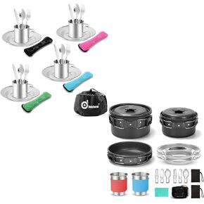 Odoland Bundle - 2 Items 25pcs Stainless Steel Utensils Camping Tableware Kit and 15pcs Camping Cookware Mess Kit