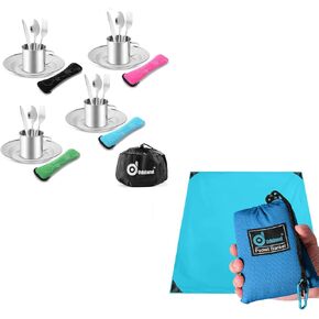 Odoland Bundle - 2 Items 25pcs Stainless Steel Utensils Camping Tableware Kit and 71" x 63" SandProof Waterproof Outdoor Pocket Blanket with Portable Bag, Beach Blanket Picnic Blanket Blue