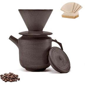 Pour Over Coffee Maker Set,with Lid and V60 Paper Coffee Fliters 20 Counts,High Heat Resistant Vintage Coffee Carafe Dripper Set for Home Café Restaurant Camping Hiking,34 Oz(Yellow)