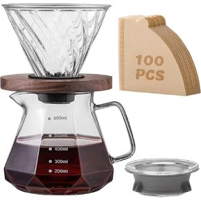 Pour Over Coffee Maker Set – V60 Drip Coffee Pot with Walnut Handle, Glass Coffee Dripper & 100 Filters, 20oz/600ml Capacity