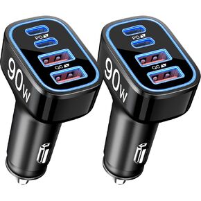 USB C Car Charger, 4-Port 90W Super Fast Car Phone Charger Accessories Dual 45W USB-C & USB-A Cargador Carro Adapter Cigarette Lighter for iPhone 16e 16 15 14 13 12, Samsung S25 S24, Tablet, Android