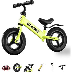 Children's Balance Bike, Bicycle Without Pedals for 2 to 5 Years Old, 12 inches, Adjustable seat. Includes Protective Helmet, Knee Pads, Side Supports for Stable Balance.