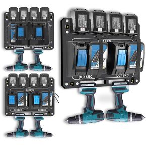 شاحن Mount for Makita DC18RC ، شاحن DC18RD ، حائط حائط لبطاريات Makita 4x 14.4V/18V و 2 حفر مفكات ، منظمة ورشة عمل للخدمة الشاقة
