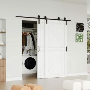 Bypass Barn Doors, 60" x 84" Sliding Barn Door with 6FT Sliding Bypass Barn Doors Hardware Kit, Single-Track for Double K-Frame Doors, MDF & DIY Painted, Easy Installation - White