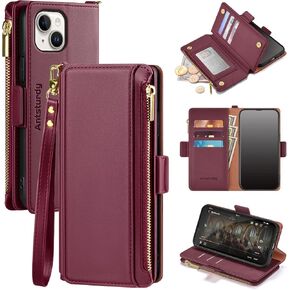 Antsturdy Compatible with iPhone 15 Wallet Case Card Holder【RFID Blocking】 PU Leather Phone Case Women Men flip Protective Cover Wrist Strap Zipper Credit Card Slots,for Apple 15 6.1",Wine Red