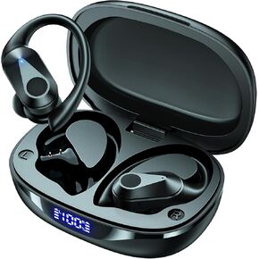 Bluetooth Headphones Wireless Earbuds 90Hrs Playtime Ear Buds IPX7 Waterproof Sports Earphones with Wireless Charging Case & Over-Ear Earhooks LED Power Display Stereo Bass Headset Black