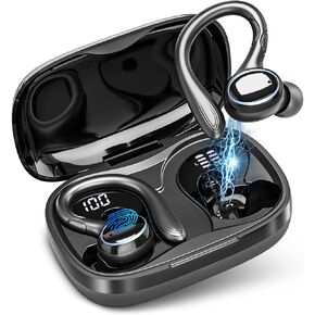 Wireless Earbuds Bluetooth 5.3 Headphones Stereo Ear Buds, ENC Noise Cancelling Mic,IPX7 Waterproof Earphones with Hook for Android iOS Smart Phone Laptop Computer Sports - Black