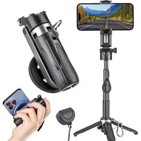 MQOUNY for Magsafe Tripod Stand for iPhone,Portable Pocket Size Selfie Stick with Rechargeable Remote and Metal Ring,Extendable Detachable Cell Phone Tripod Compatible with iPhone/Android