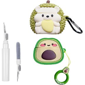 [2 Pcs] Wifantien 3D Cute Avocado Man+Durian Bear Case for AirPod 4th,Cartoon Women Stylish Fashion Kawaii Fruit Character Keychain Case with Cleaner Kit for Airpods 4th Gen 2024 Case