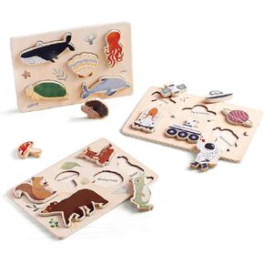 IEATFO 4 in 1 Wooden Animal Chunky Puzzle, 5 Solid Wood Puzzle Blocks with 4 Sides Realistic Safari Animals, Wooden Block Puzzle with Durable Base for Toddlers 3+ Years - Montessori Inspired