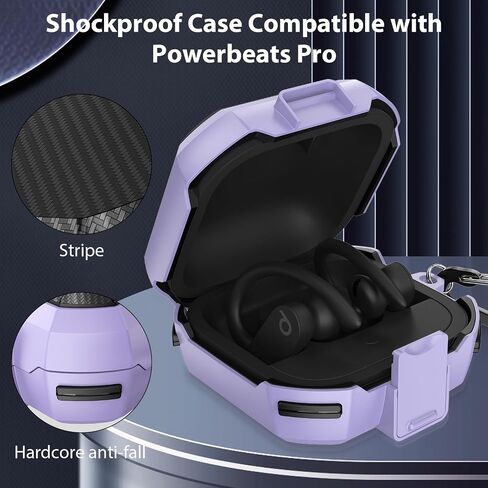 Compatible with Powerbeats Pro Case Cover, Military Carbon Fiber Powerbeat Pro Case, Four-Corner Wrapping and Safety Lock 360° Protect Your Powerbeats Pro with Keychain, Black in Saudi Arabia