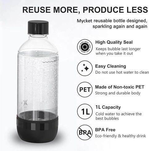 Soda Bottles, 1 Litre Reusable BPA Free Sparkling Water Bottles, in PET, for Soda Machine, Sparkling Water Makers, Pack of 2 Black Refillable Bottles in Saudi Arabia