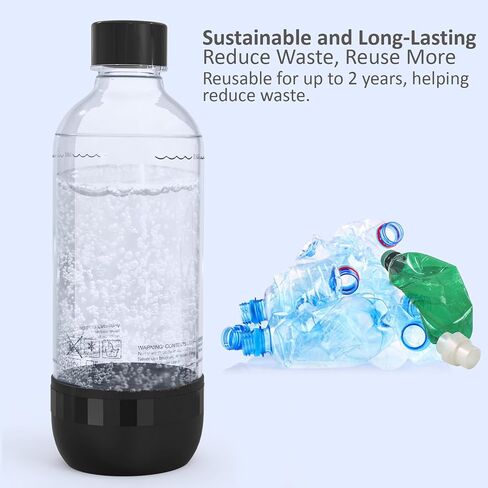 Soda Bottles, 1 Litre Reusable BPA Free Sparkling Water Bottles, in PET, for Soda Machine, Sparkling Water Makers, Pack of 2 Black Refillable Bottles in Saudi Arabia