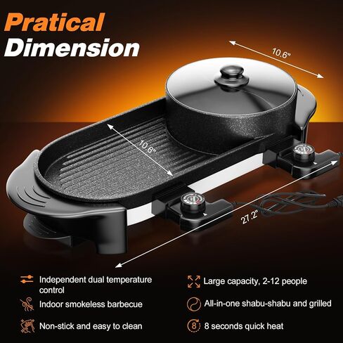 2 in 1 Electric Grill Hot Pot,Multifunctional Smokeless Grill Indoor Teppanyaki Grill/Shabu Pot with Divider-Separate Dual Temperature Contral,hot pot with grill for 2-12 People,110V in Kuwait