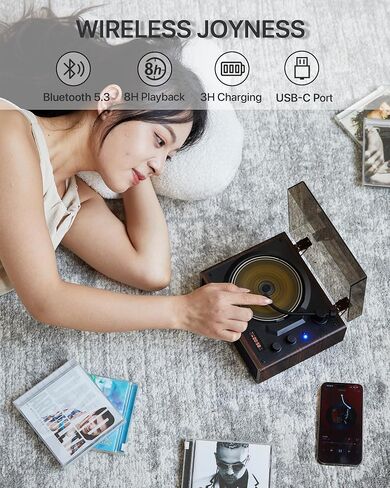 Vintage CD Player with Bluetooth, Portable CD Player with Speaker, Rechargeable Retro CD Player for Home with Clear Top, Remote Contorl Support AUX/U Disk/Headphone Jack Brown in Saudi Arabia
