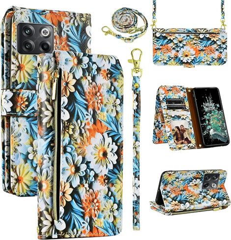 Wallet Case for OnePlus 10T 5G/One Plus Ace Pro with Wrist Strap Shoulder Strap, Zipper Floral PU Leather Stand Card Holder Cell Phone Cover for On 1Plus 1 + Plus10T 1+ AcePro Women Men Black in Saudi Arabia