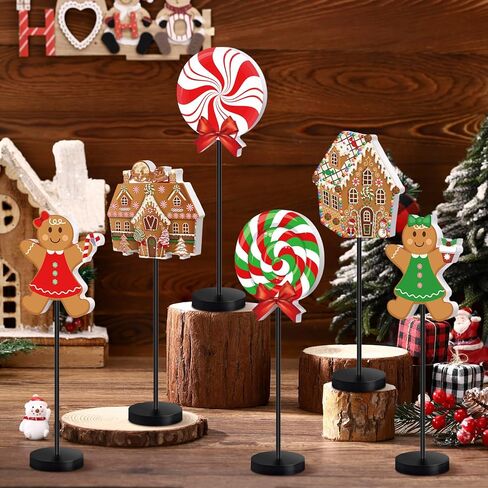 Wenqik 6 Pcs Christmas Table Decorations Wood Candy Set Wooden Signs Centerpiece Xmas Wood Blocks Rustic Tiered Tray Farmhouse Decor Tabletop Decorative for Home Tables(Lollipop) in Kuwait