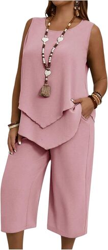 SHENHE Women's Plus Size 2 Piece Summer Outfits Crew Neck Tank Top Tunic Shirt and Capri Pants Set in Saudi Arabia