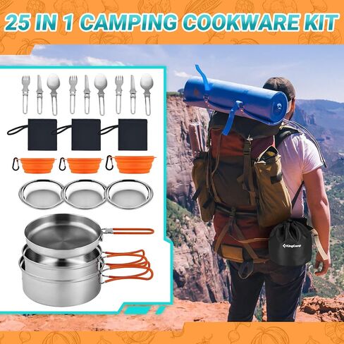 KingCamp Camping Cookware, Lightweight Cook Set Non-Stick Stainless Steel Essentials Mess Kit with Pot Pan Cups Plates Forks Knives Spoons for Camping Backpacking Outdoor Picnic in Saudi Arabia