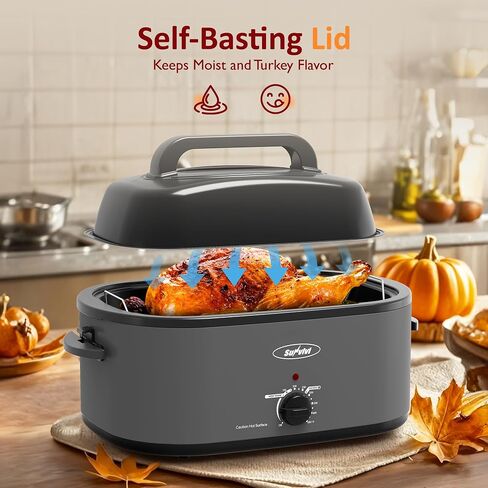Sunvivi Electric Roaster,26 Quart Roasting Oven with Self-Basting Lid Removable Pan,Turkey Roaster Oven with 150 to 450F Temperature Control Cool-Touch Handles, Grey in Saudi Arabia