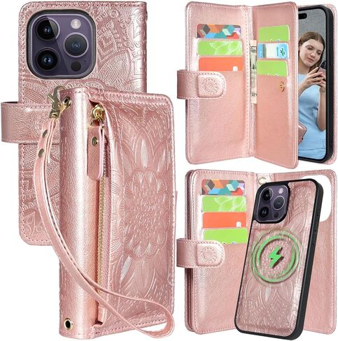 Harryshell for iPhone 14 Pro Max Detachable Magnetic Case Wallet,Compatible with Magsafe Wireless Charging, [Theft-Scan Blocking] Card Slots, Cash Zipper Pocket Wrist Strap (Floral Black) in Saudi Arabia
