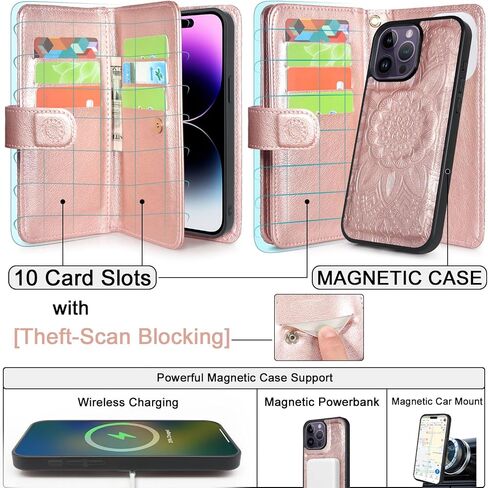 Harryshell for iPhone 14 Pro Max Detachable Magnetic Case Wallet,Compatible with Magsafe Wireless Charging, [Theft-Scan Blocking] Card Slots, Cash Zipper Pocket Wrist Strap (Floral Black) in Saudi Arabia