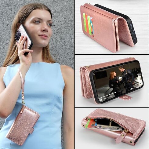 Harryshell for iPhone 14 Pro Max Detachable Magnetic Case Wallet,Compatible with Magsafe Wireless Charging, [Theft-Scan Blocking] Card Slots, Cash Zipper Pocket Wrist Strap (Floral Black) in Saudi Arabia